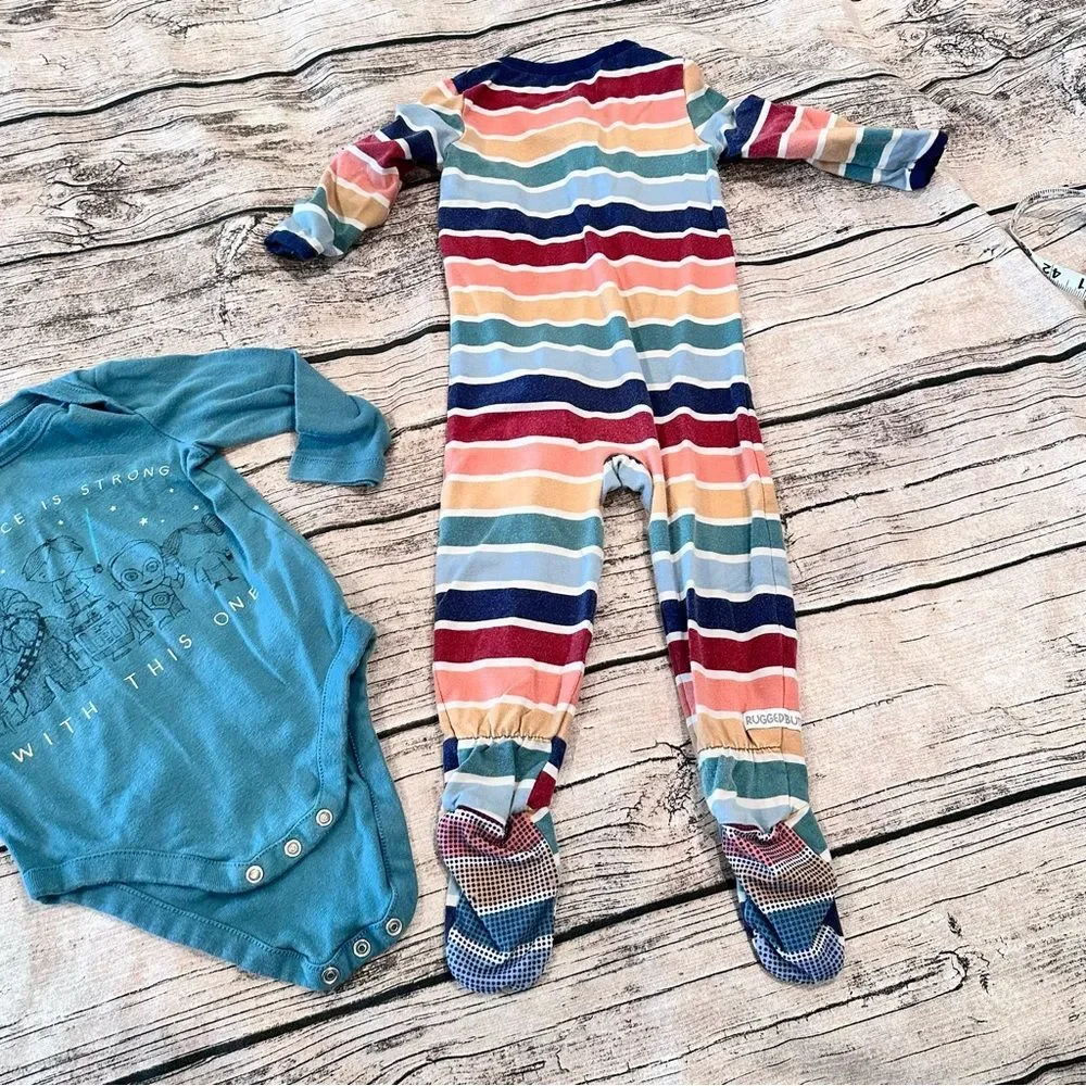 GAP Blue Star Wars Onesie & Rugged Butts Multicolor Striped Footie Size 6-12